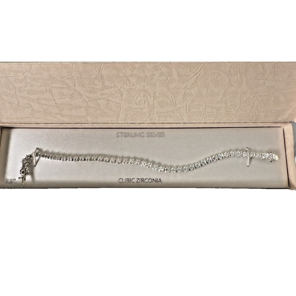 Sterling Silver Bracelet Clear Cubic Zirconia Crystal 7.5 in Christmas Gift